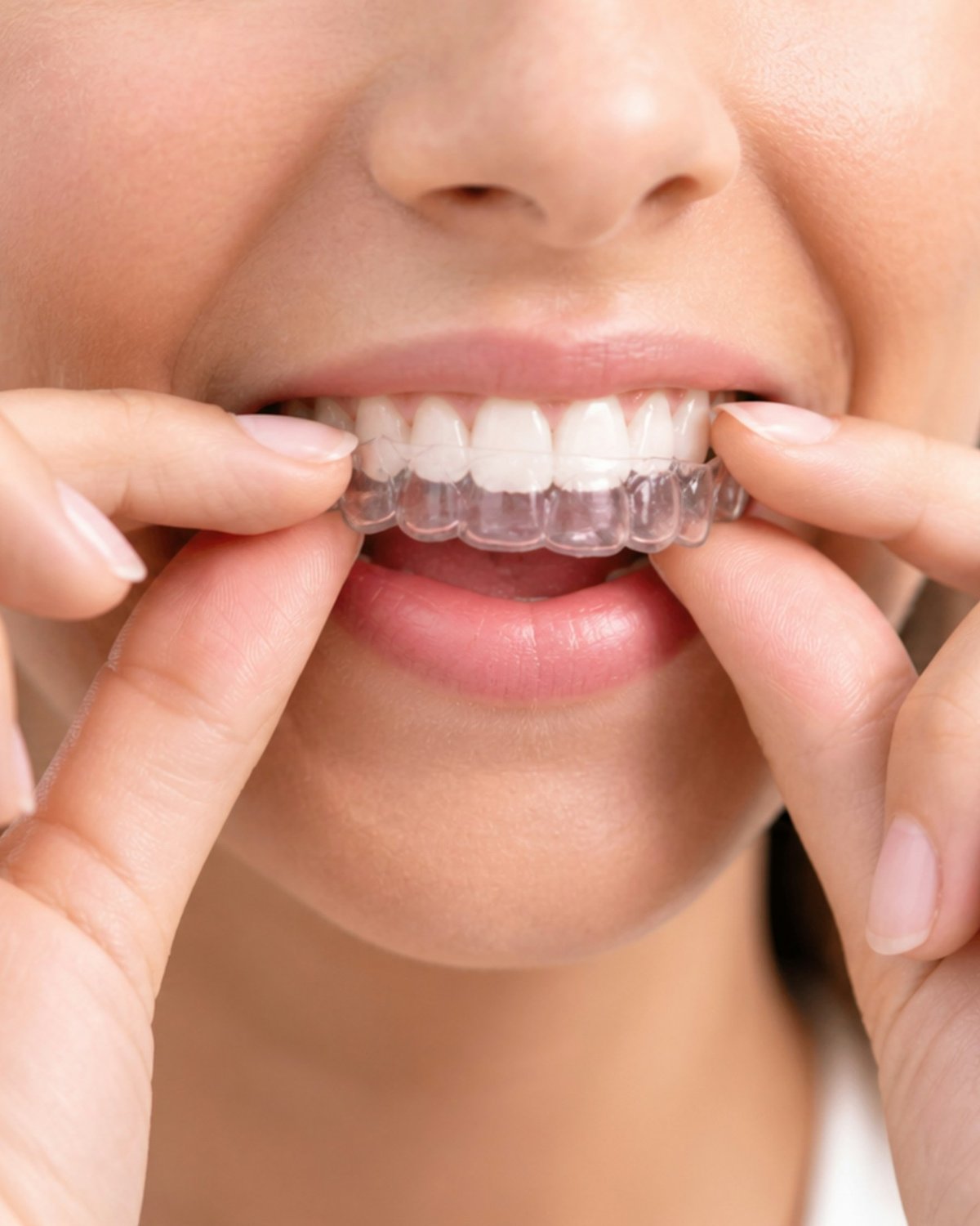 A woman pressing a clear aligner onto her teeth